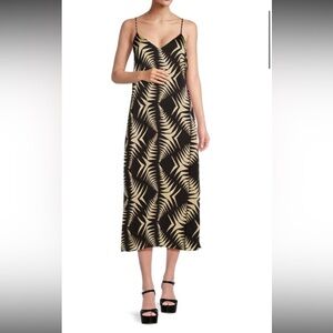 ba&sh Black and Tan Geometric Midi Silk Slip Dress